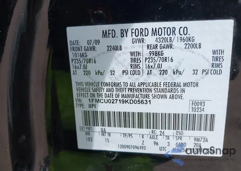 2009 Ford Escape Xls/Xls Manual from USA, damaged, VIN 1FMCU02719KD05631